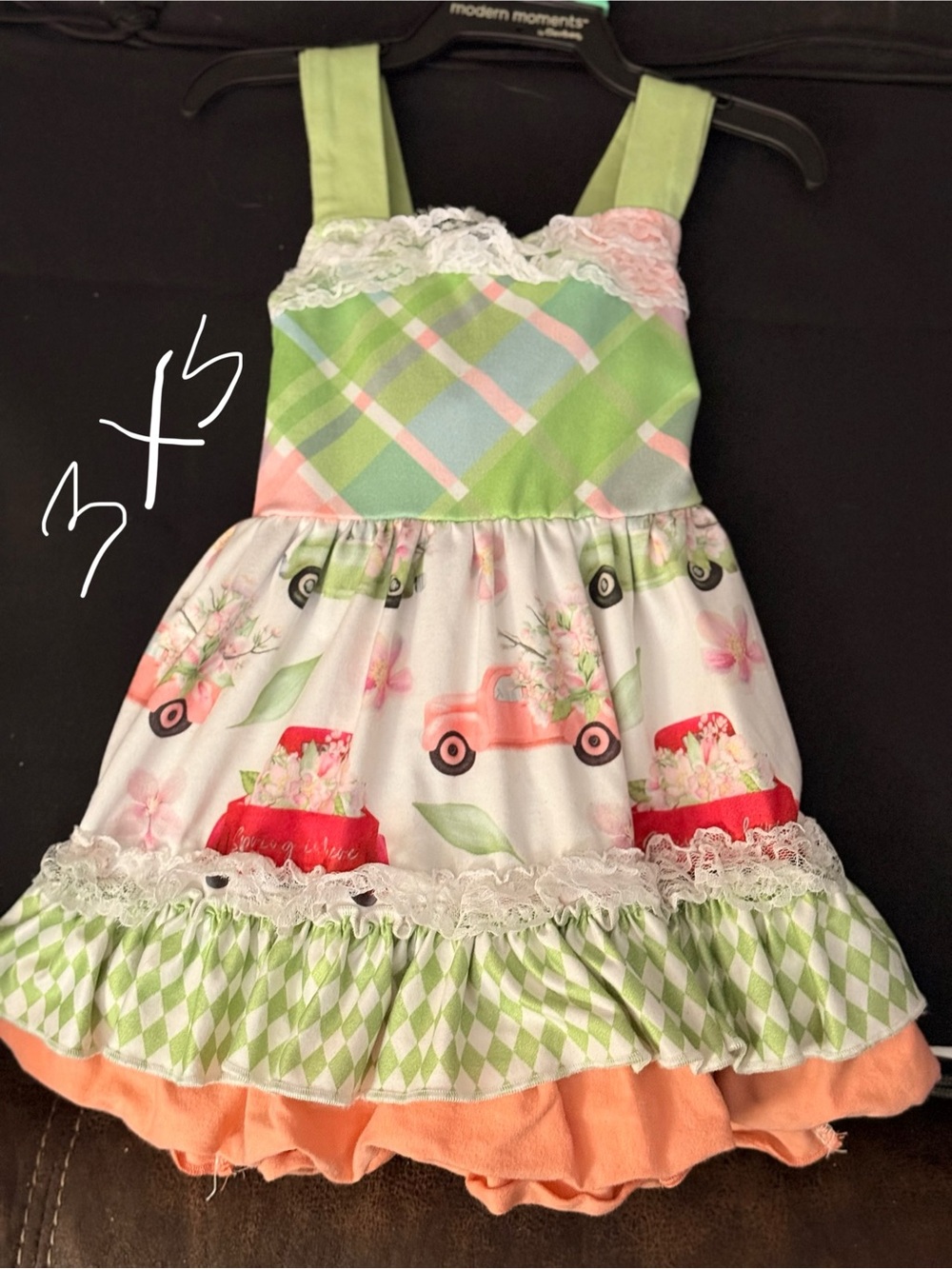 Girls Green & Pink Plaid Floral Truck Sundress